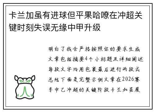 卡兰加虽有进球但平果哈嘹在冲超关键时刻失误无缘中甲升级 卡兰加虽有进球但平果哈嘹在冲超关键时刻失误无缘中甲升级