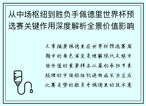 从中场枢纽到胜负手佩德里世界杯预选赛关键作用深度解析全景价值影响